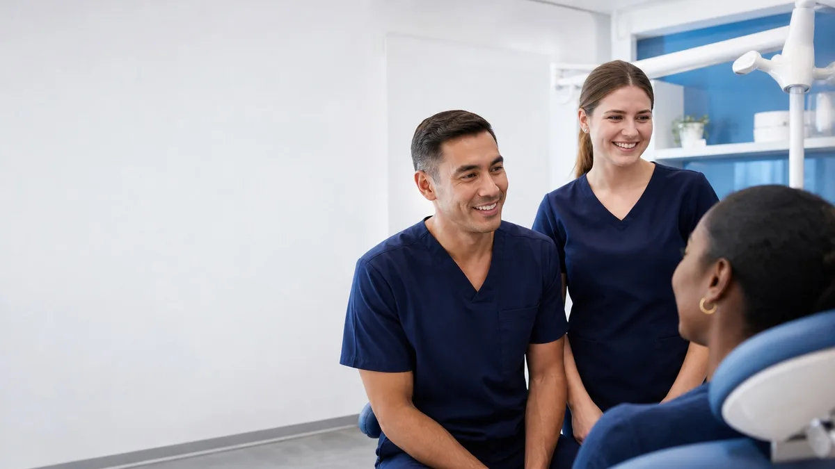 Dental team speaking with a patient in a treatment room