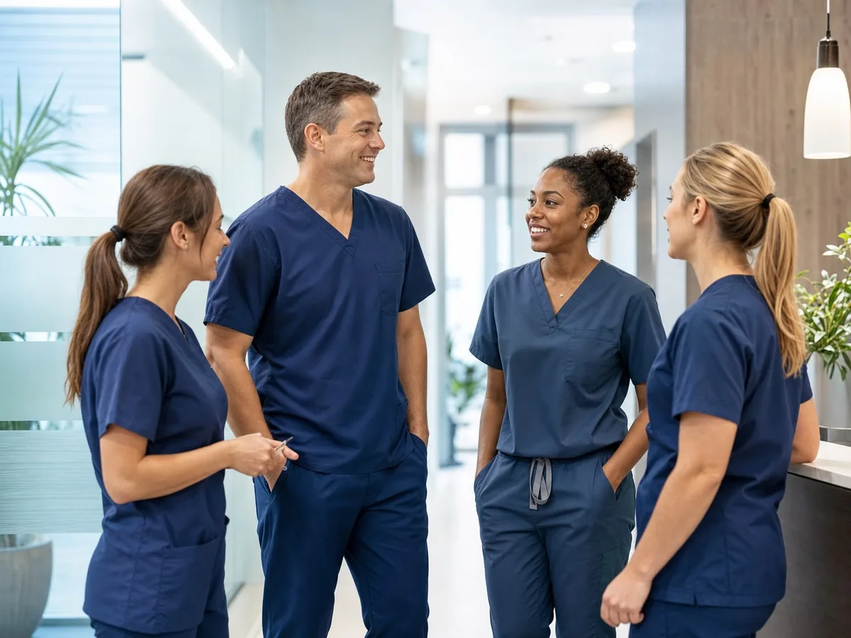 Dental care team sharing ideas in a bright clinic hallway