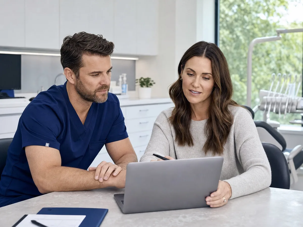 Dentist and strategist reviewing a growth plan on a laptop